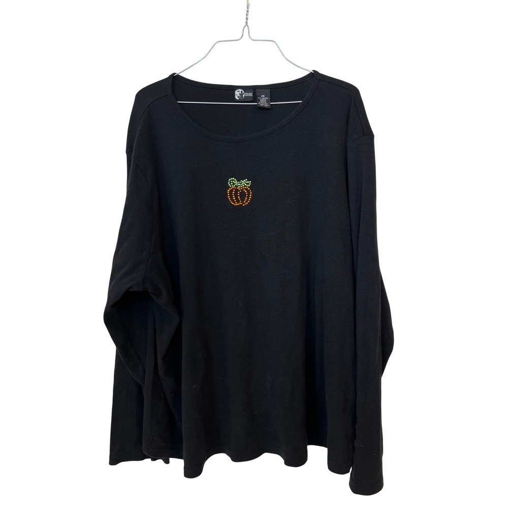 Holiday Editions Black Long Sleeve Rhinestone Pumpkin Shirt Womens 2X Halloween
